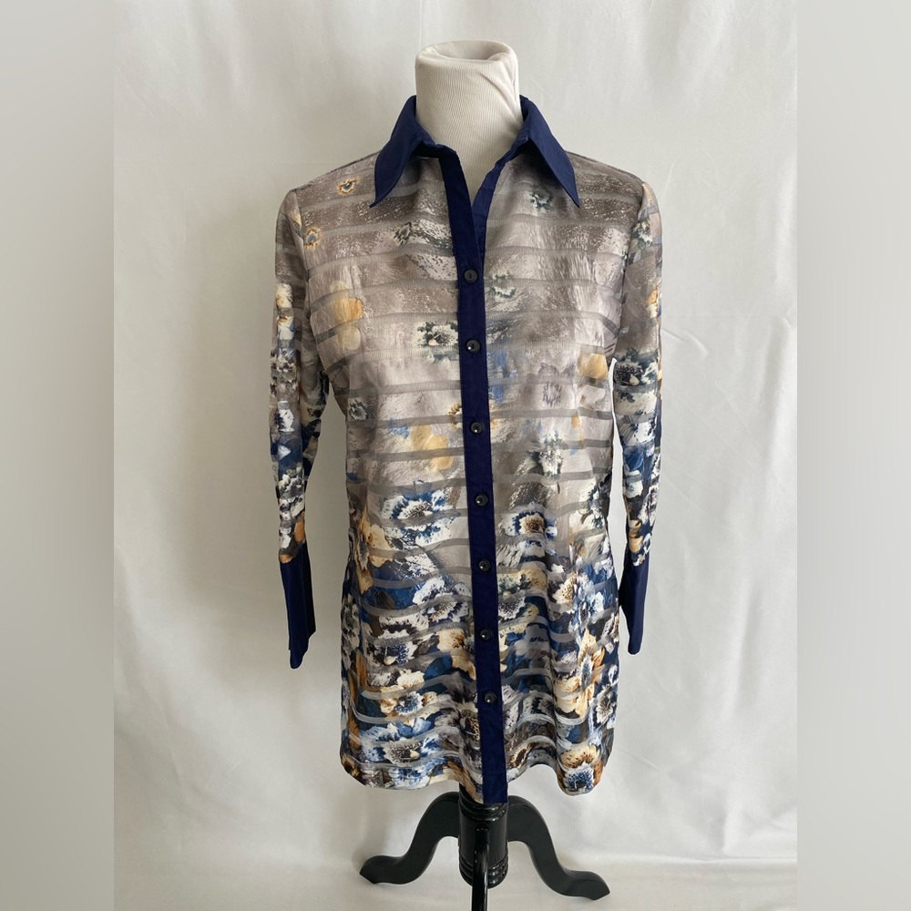 Mishca Blue Blouse Women’s Small Navy /Multicolor Floral Tunic Sheer Long Sleeve